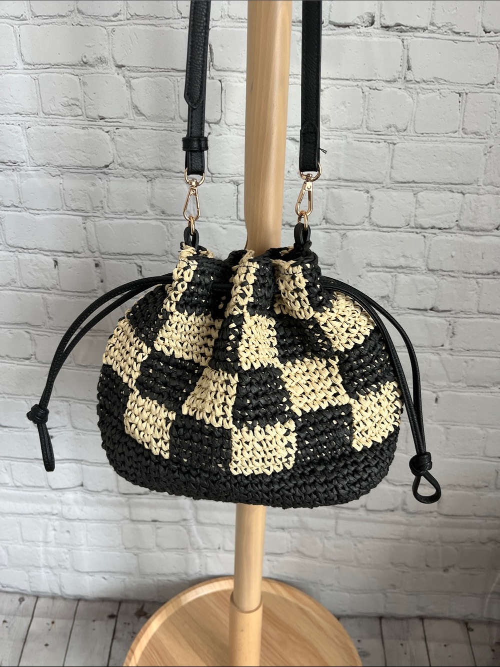Universal Thread Black and Cream Woven Drawstring Shoulder Bag